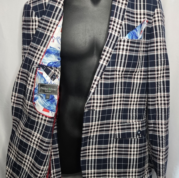 Paisley & Gray Men's Blue Plaid Bromley Notch Slim Fit Cotton Jacket Size 44R - Picture 6 of 13